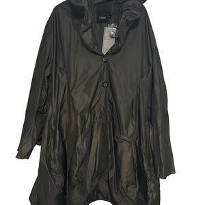 New IPSE women’s Size L Italian Y2K  Shiny Hooded Raincoat in Dark Charcoal.